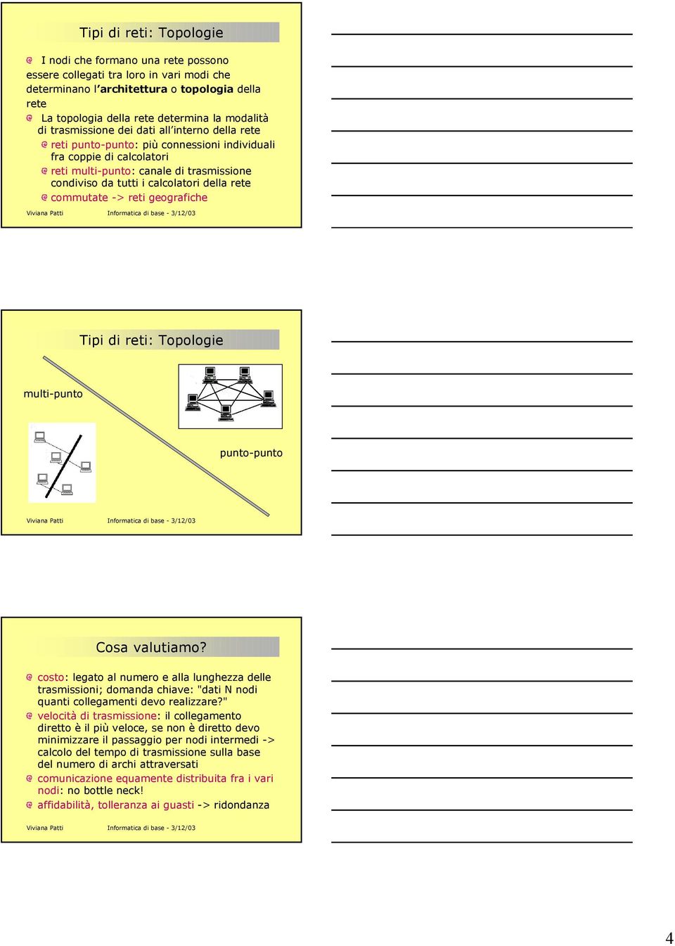 rete commutate -> reti geografiche Tipi di reti: Topologie multi-punto punto-punto Cosa valutiamo?