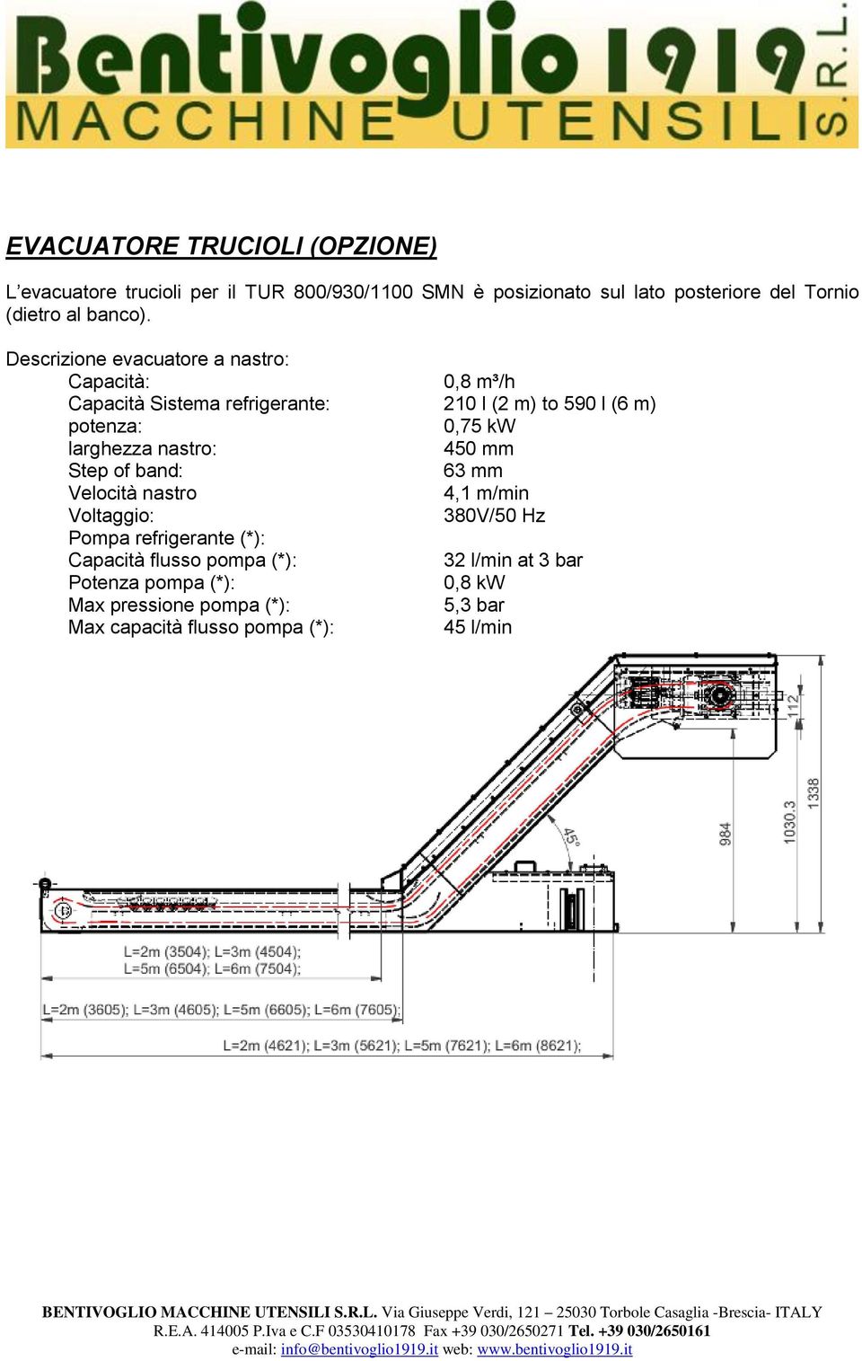 Descrizione evacuatore a nastro: Capacità: 0,8 m³/h Capacità Sistema refrigerante: 210 l (2 m) to 590 l (6 m) potenza: 0,75 kw