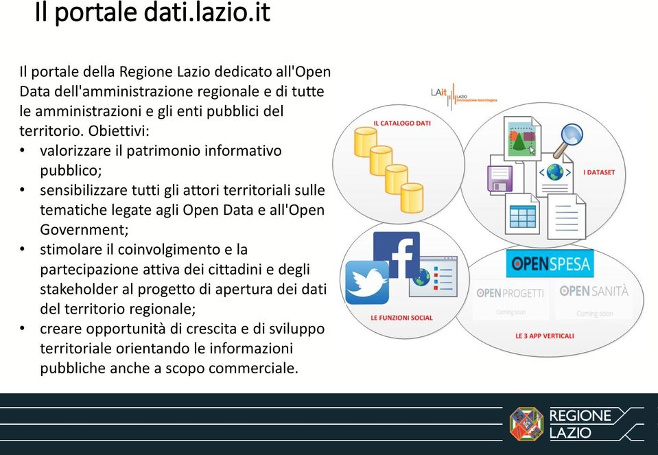 Obiettivi: valorizzare il patrimonio informativo pubblico; sensibilizzare tutti gli attori territoriali sulle tematiche legate agli Open Data e all'open