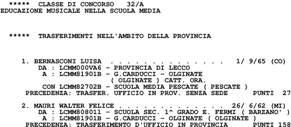 CON LCMM82702B - SCUOLA MEDIA PESCATE ( PESCATE ) PRECEDENZA: TRASFER. UFFICIO IN PROV. SENZA SEDE PUNTI 27 2. MAURI WALTER FELICE.