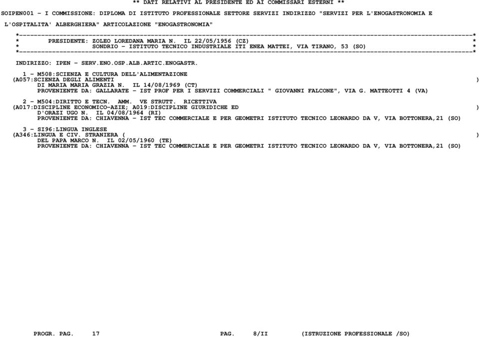 IL 22/05/1956 (CZ) * * SONDRIO - ISTITUTO TECNICO INDUSTRIALE ITI ENEA MATTEI, VIA TIRANO, 53 (SO) * INDIRIZZO: IPEN - SERV.ENO.OSP.ALB.ARTIC.ENOGASTR.
