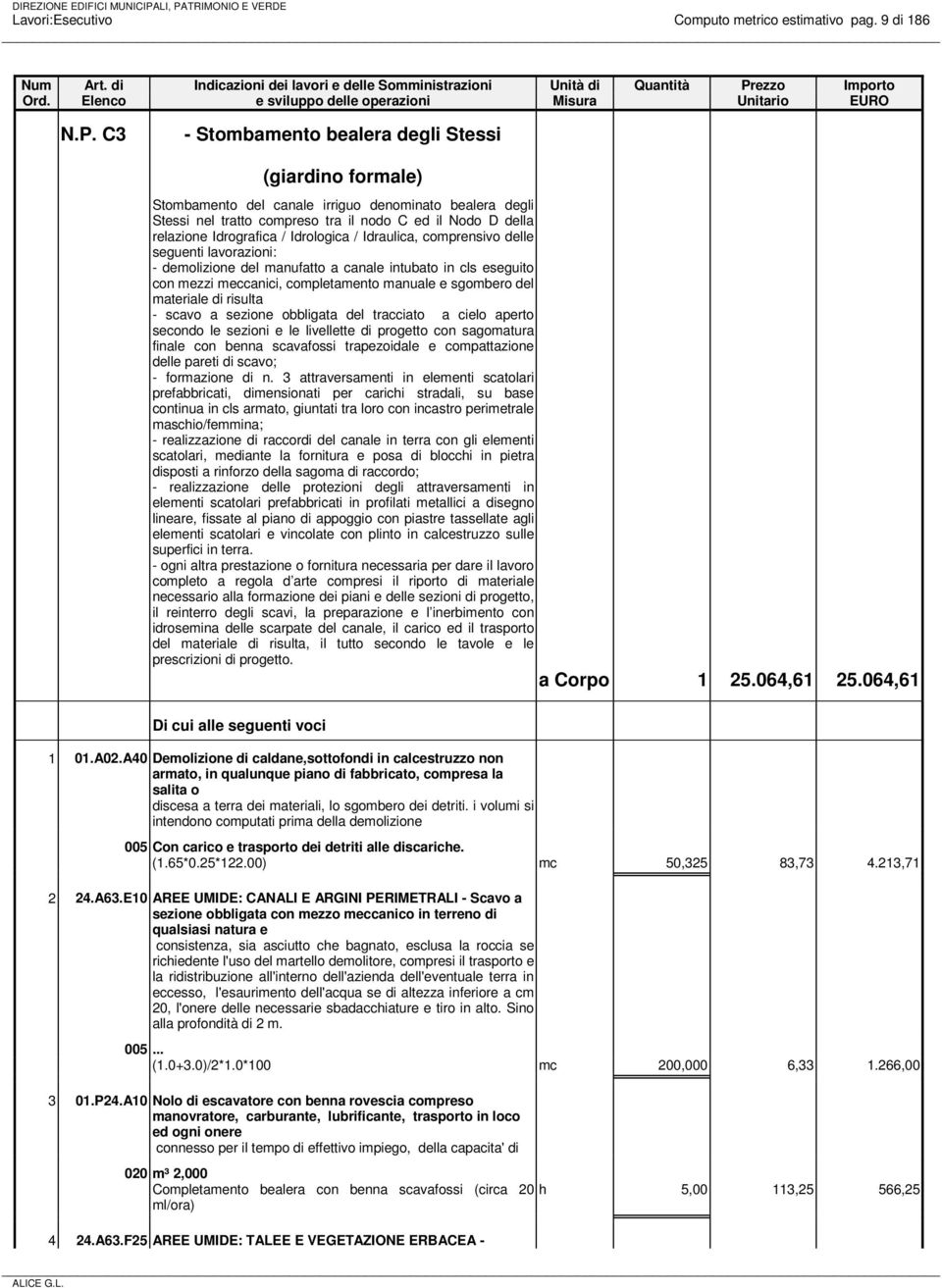 Idrologica / Idraulica, comprensivo delle seguenti lavorazioni: - demolizione del manufatto a canale intubato in cls eseguito con mezzi meccanici, completamento manuale e sgombero del materiale di