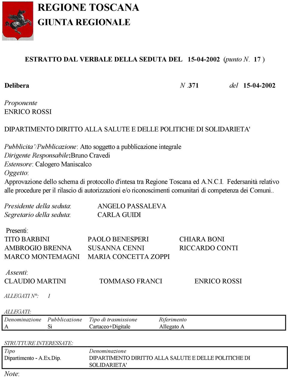 Responsabile:Bruno Cravedi Estensore: Calogero Maniscalco Oggetto: Approvazione dello schema di protocollo d'intesa tra Regione Toscana ed A.N.C.I.