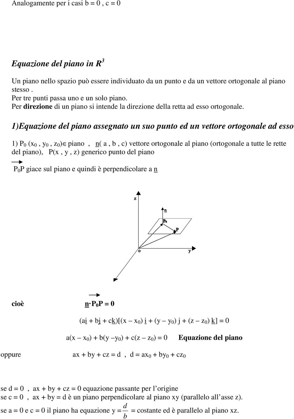 1)Equazione del piano assegnato un suo punto ed un vettore ortogonale ad esso 1) P 0 (x 0, y 0, z 0 ) piano, n( a, b, c) vettore ortogonale al piano (ortogonale a tutte le rette del piano), P(x, y,