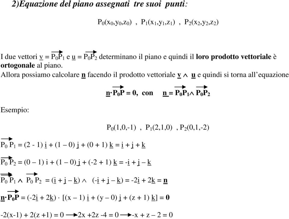 Allora possiamo calcolare n facendo il prodotto vettoriale v u e quindi si torna all equazione n P 0 P = 0, con n = P 0 P 1 P 0 P Esempio: P 0 (1,0,-1), P 1