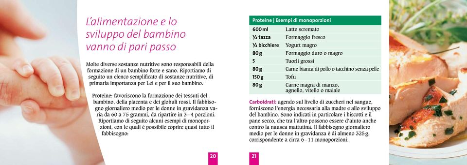 Proteine: favoriscono la formazione dei tessuti del bambino, della placenta e dei globuli rossi.