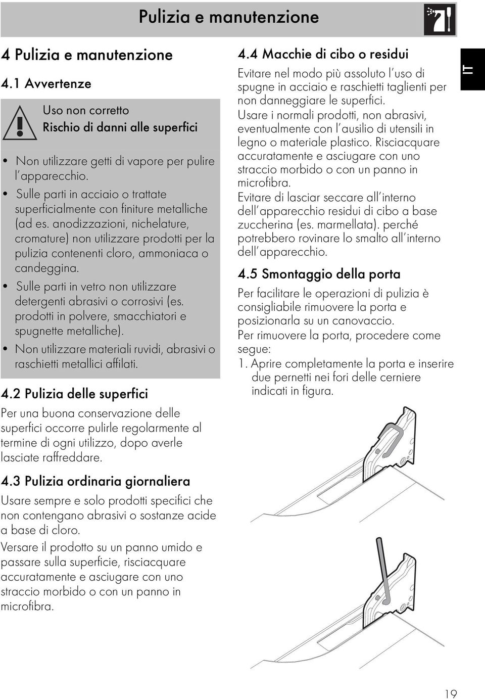 anodizzazioni, nichelature, cromature) non utilizzare prodotti per la pulizia contenenti cloro, ammoniaca o candeggina. Sulle parti in vetro non utilizzare detergenti abrasivi o corrosivi (es.