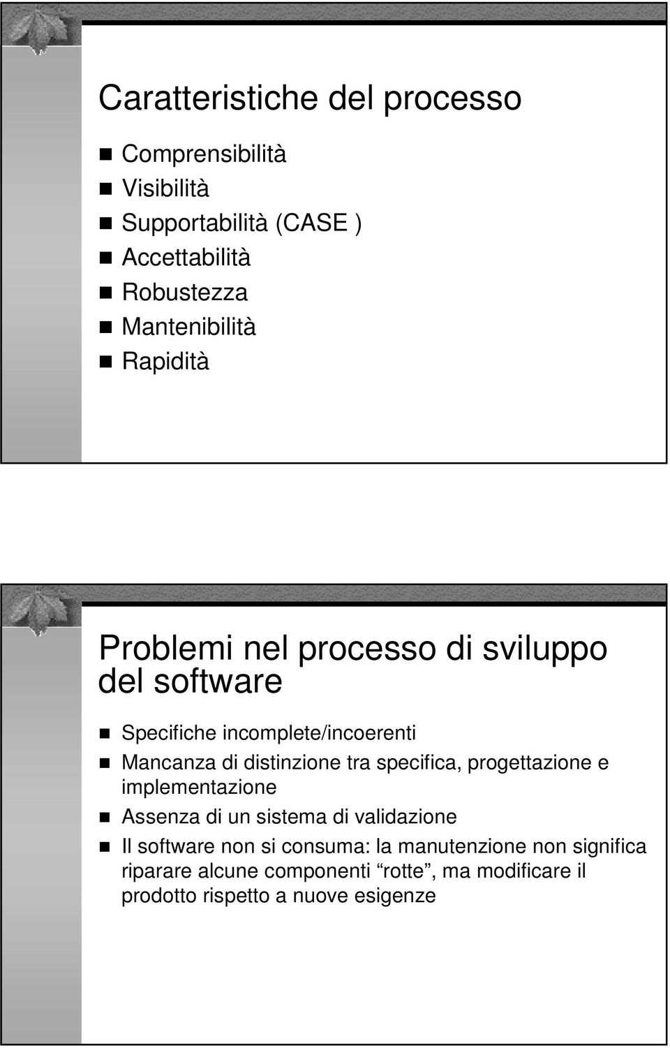 distinzione tra specifica, progettazione e implementazione Assenza di un sistema di validazione Il software non si