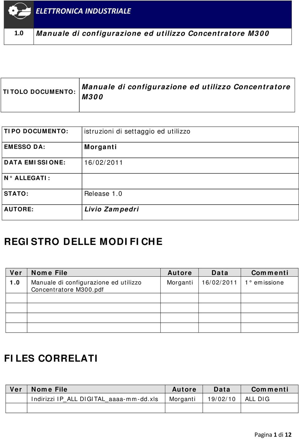 0 AUTORE: Livio Zampedri REGISTRO DELLE MODIFICHE Ver Nome File Autore Data Commenti 1.