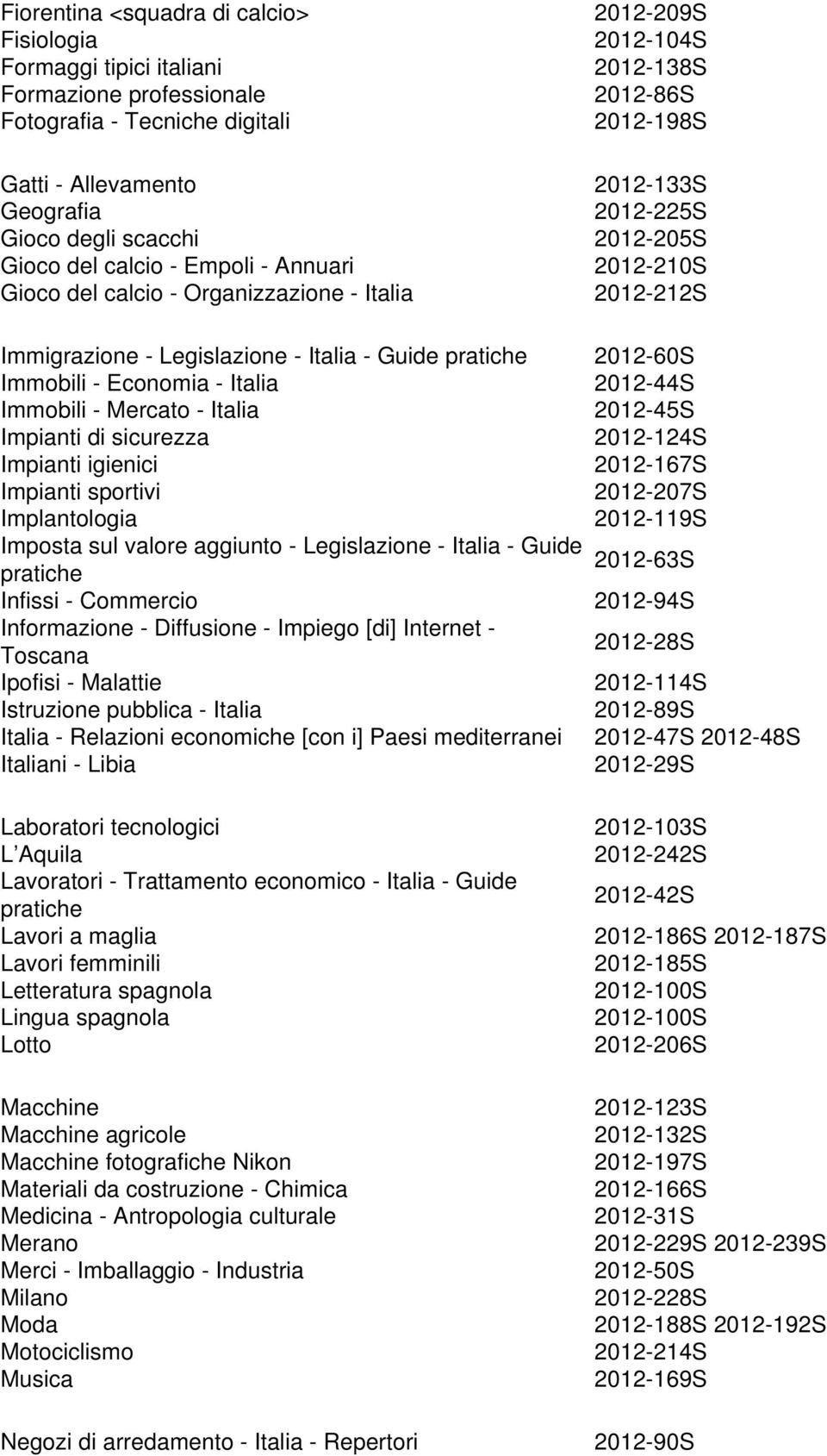 Guide pratiche 2012-60S Immobili - Economia - Italia 2012-44S Immobili - Mercato - Italia 2012-45S Impianti di sicurezza 2012-124S Impianti igienici 2012-167S Impianti sportivi 2012-207S