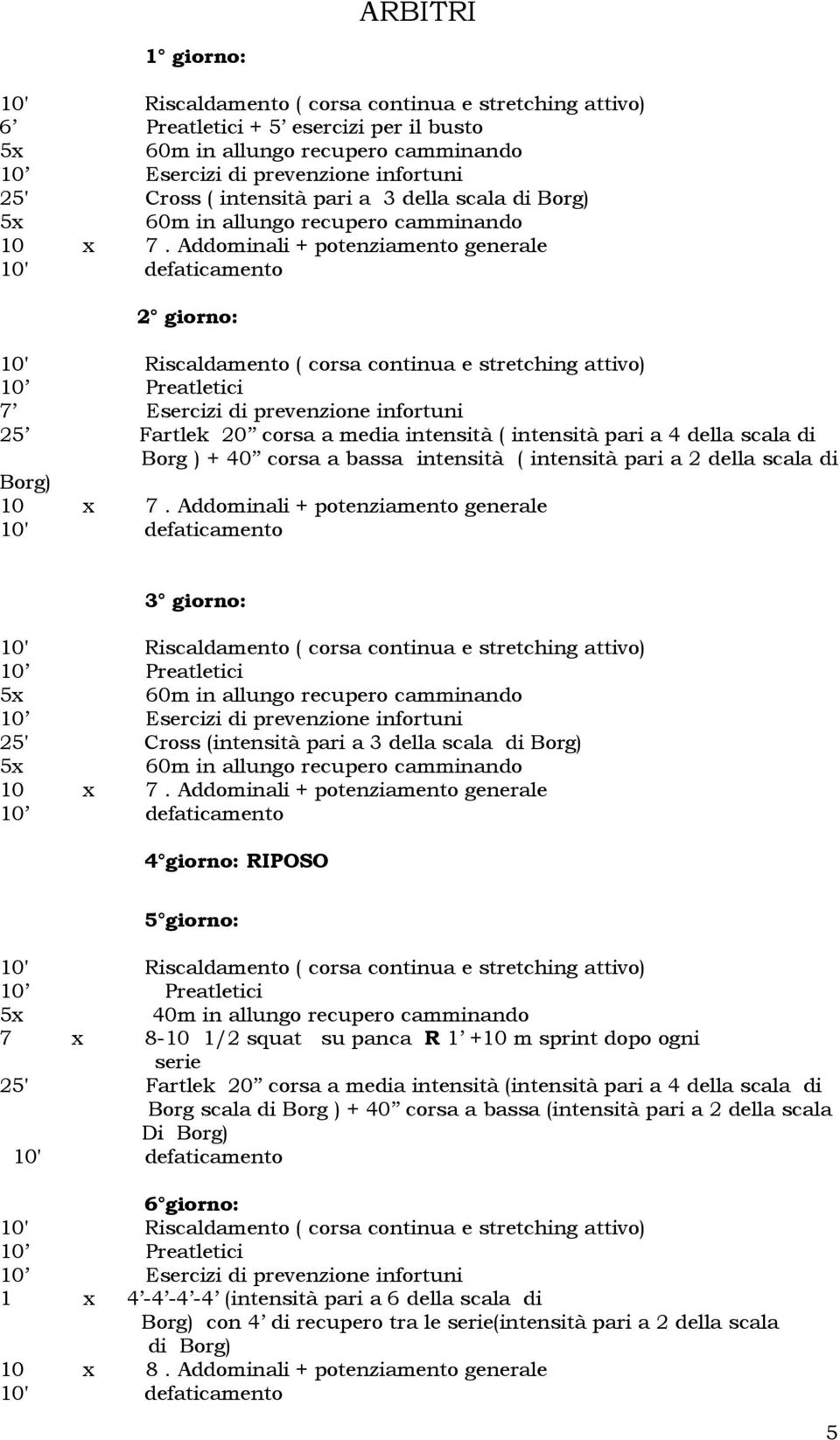 intensità pari a 2 della scala di Borg) 10 x 7. Addominali + potenziamento generale 3 giorno: 25' Cross (intensità pari a 3 della scala di Borg) 10 x 7.