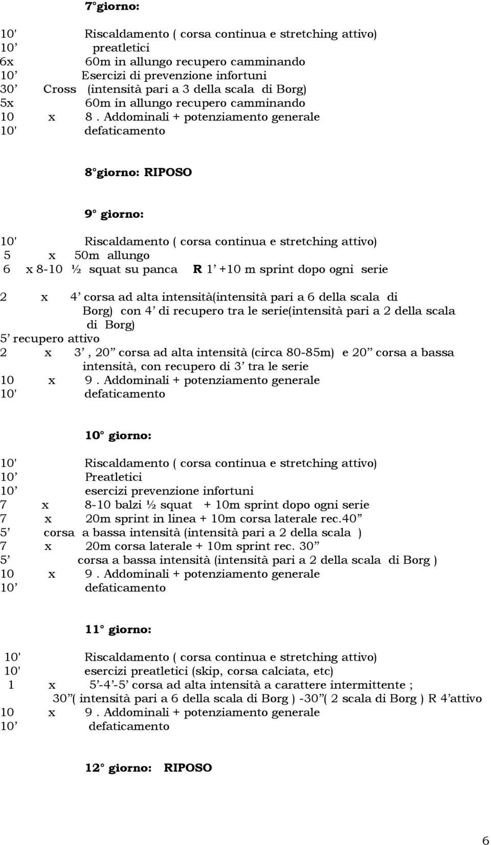 di Borg) con 4 di recupero tra le serie(intensità pari a 2 della scala di Borg) 5 recupero attivo 2 x 3, 20 corsa ad alta intensità (circa 80-85m) e 20 corsa a bassa intensità, con recupero di 3 tra