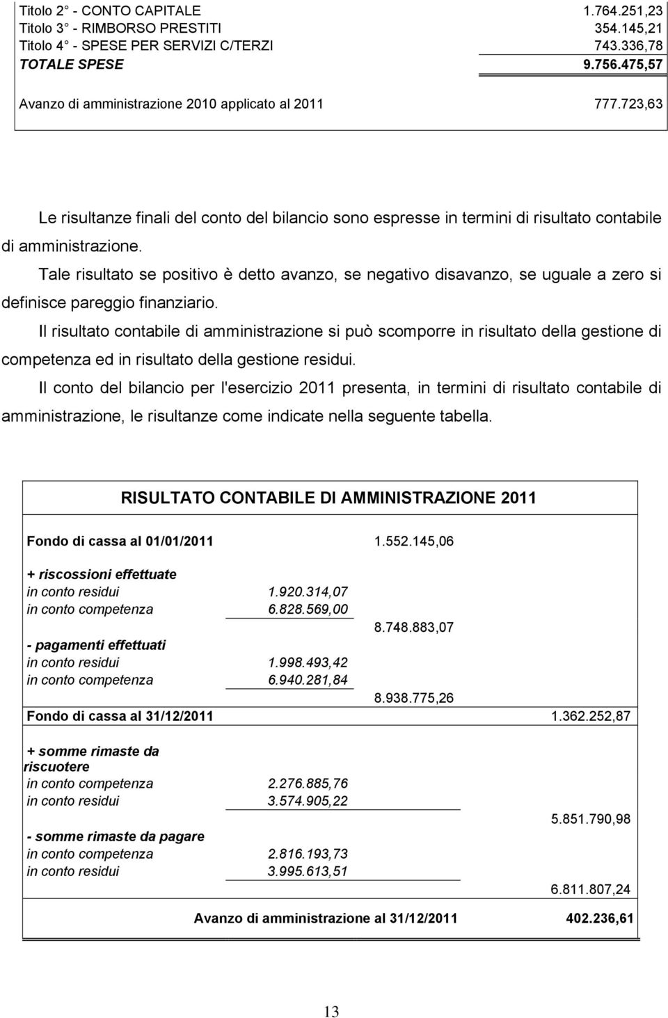 Tale risultato se positivo è detto avanzo, se negativo disavanzo, se uguale a zero si definisce pareggio finanziario.