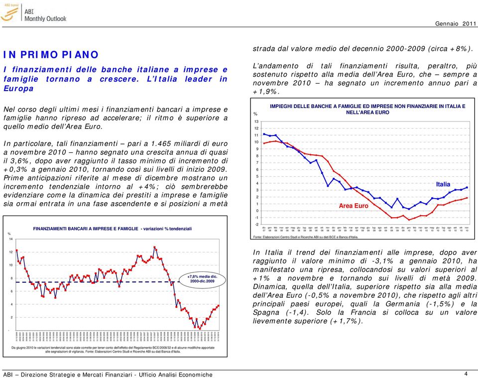 Nel corso degli ultimi mesi i finanziamenti bancari a imprese e famiglie hanno ripreso ad accelerare; il ritmo è superiore a quello medio dell Area Euro. In particolare, tali finanziamenti pari a 1.