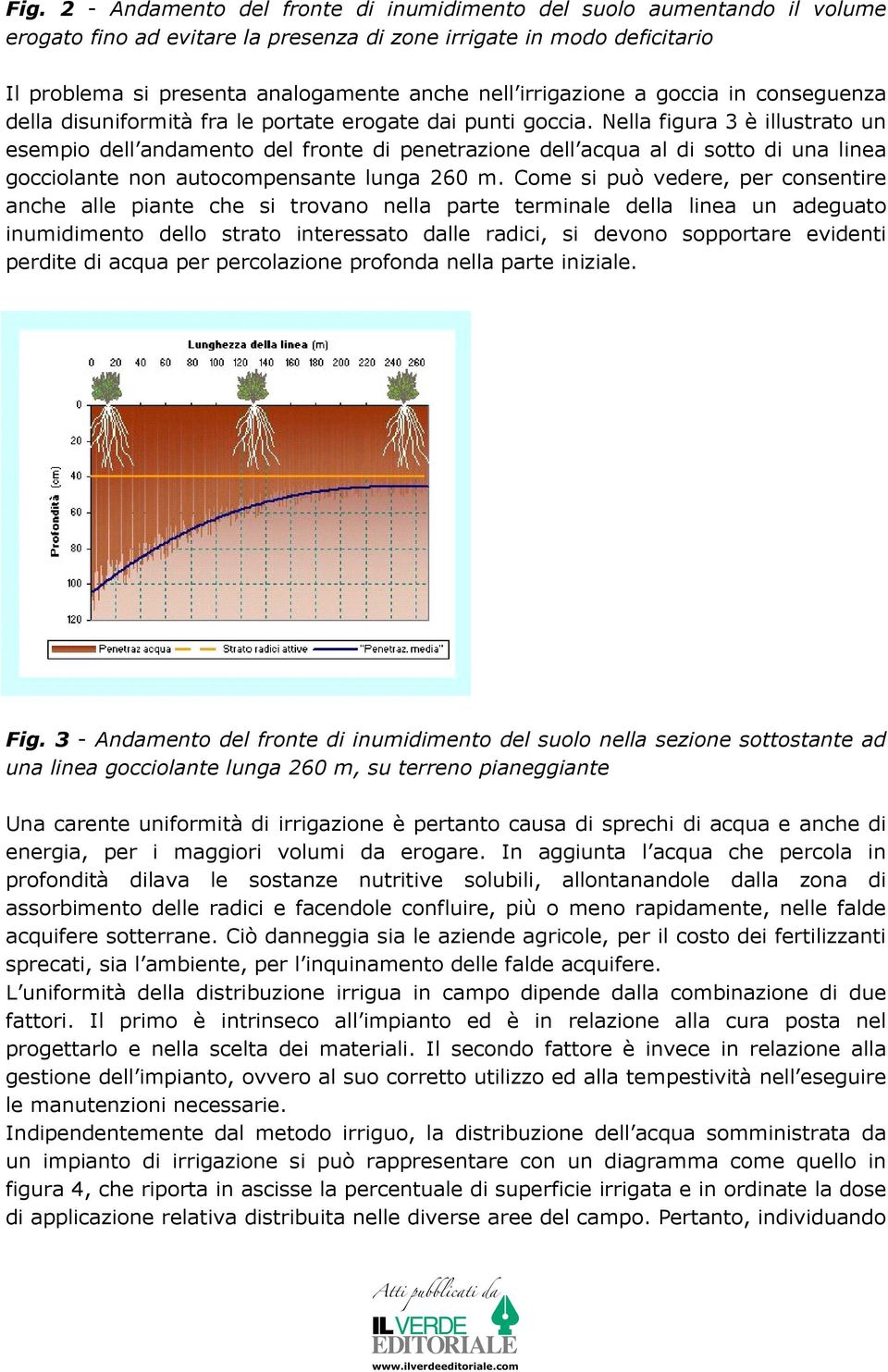 Nella figura 3 è illustrato un esempio dell andamento del fronte di penetrazione dell acqua al di sotto di una linea gocciolante non autocompensante lunga 260 m.