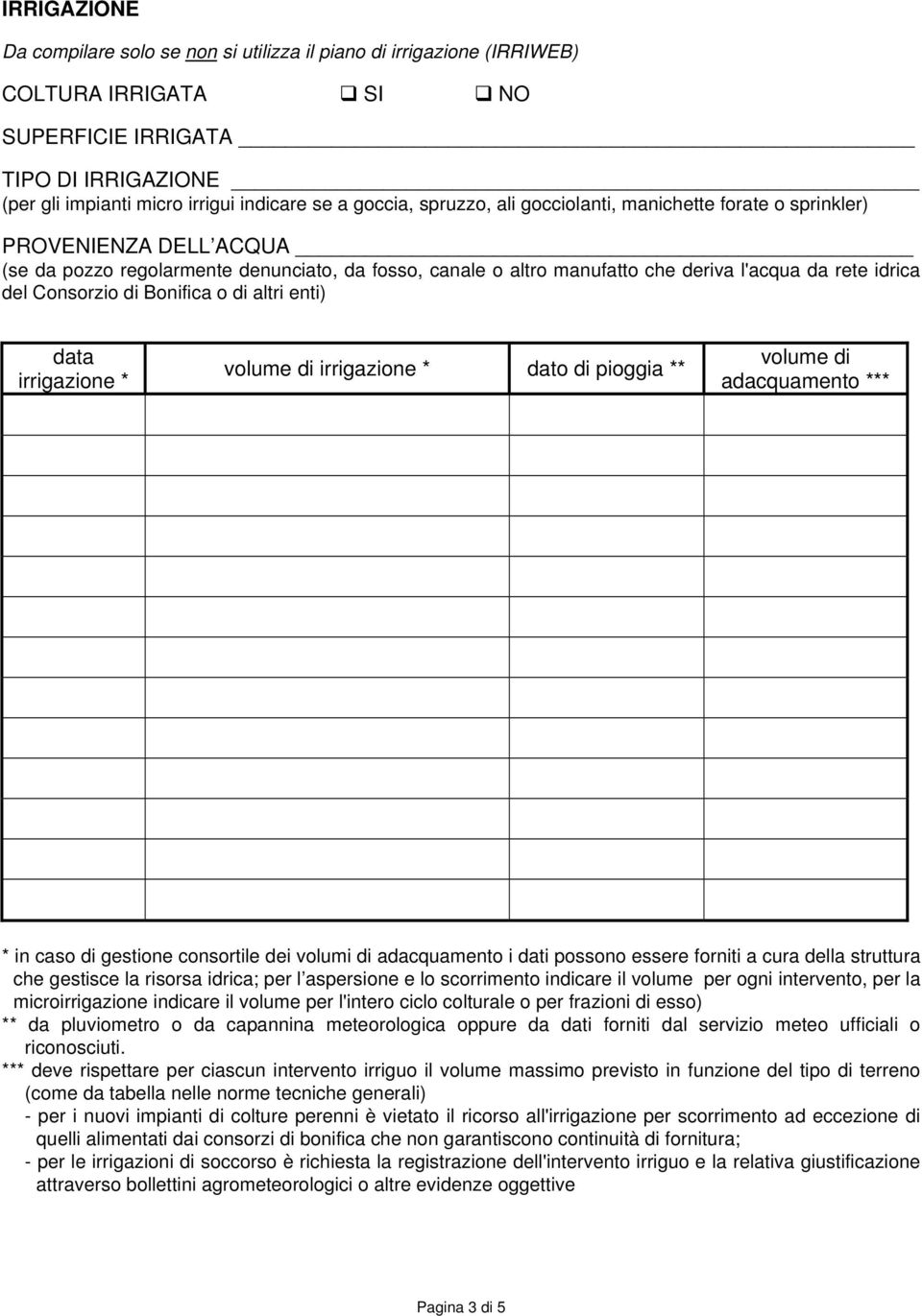 Consorzio di Bonifica o di altri enti) irrigazione * volume di irrigazione * dato di pioggia ** volume di adacquamento *** * in caso di gestione consortile dei volumi di adacquamento i dati possono