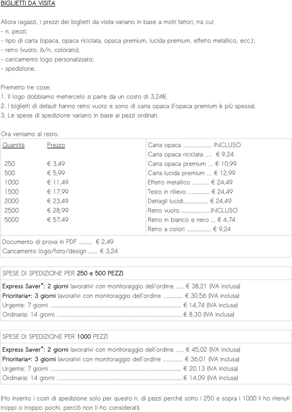 Premetto tre cose: 1. Il logo dobbiamo mettercelo si parte da un costo di 3,24. 2. I biglietti di default hanno retro vuoto e sono di carta opaca (l'opaca premium è più spessa). 3. Le spese di spedizione variano in base ai pezzi ordinati.