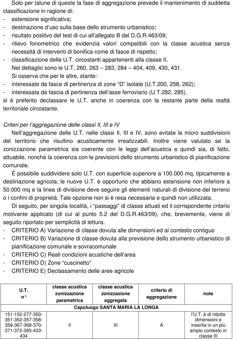 463/09; - rilievo fonometrico che evidenzia valori compatibili con la classe acustica senza necessità di interventi di bonifica come di fasce di rispetto; - classificazione delle U.T.