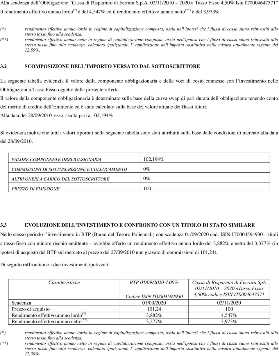 (**) rendimento effettivo annuo netto in regime di capitalizzazione composta, ossia nell ipotesi che i flussi di cassa siano reinvestiti allo stesso tasso fino alla scadenza, calcolato ipotizzando l