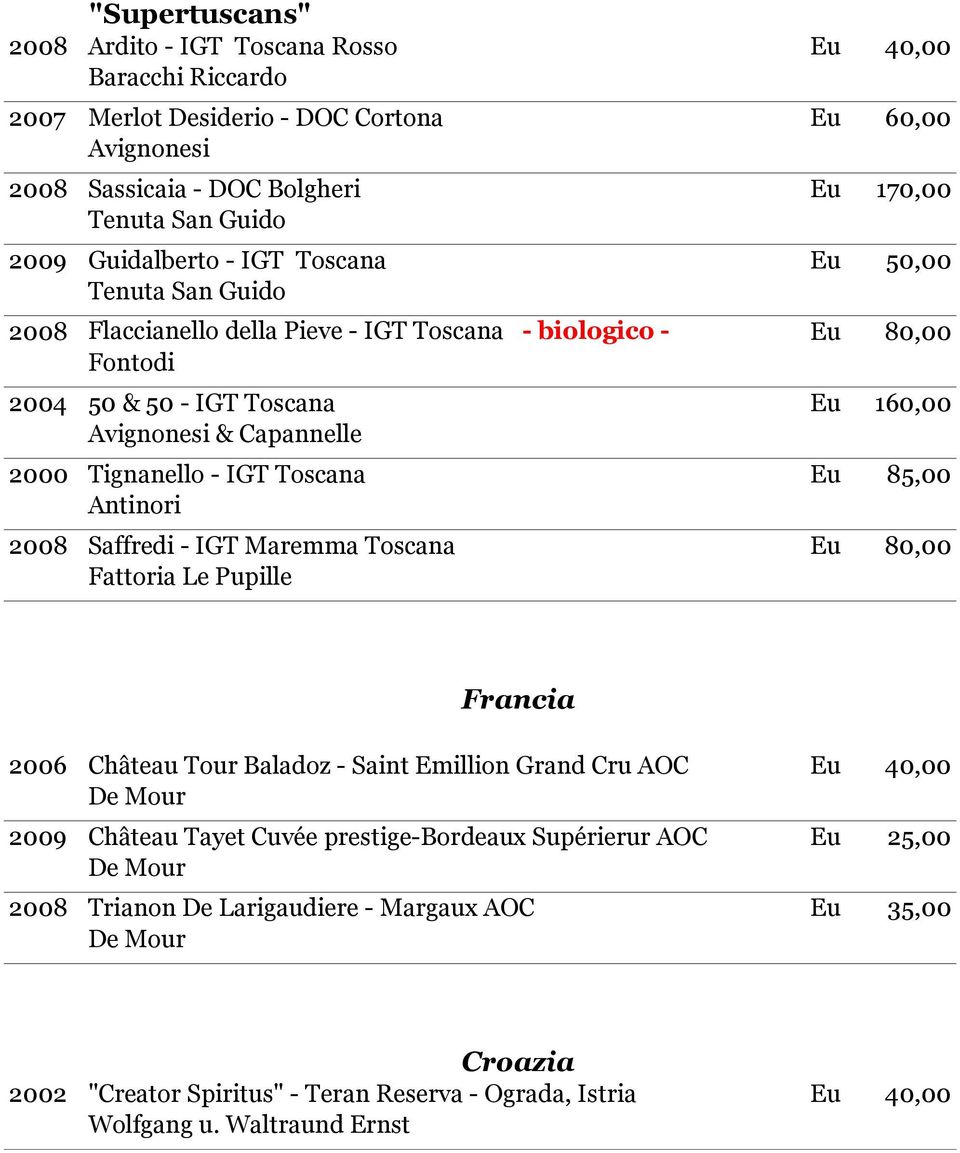 Tignanello - IGT Toscana Eu 85,00 Antinori 2008 Saffredi - IGT Maremma Toscana Eu 80,00 Fattoria Le Pupille Francia 2006 Château Tour Baladoz - Saint Emillion Grand Cru AOC Eu 40,00 De Mour 2009