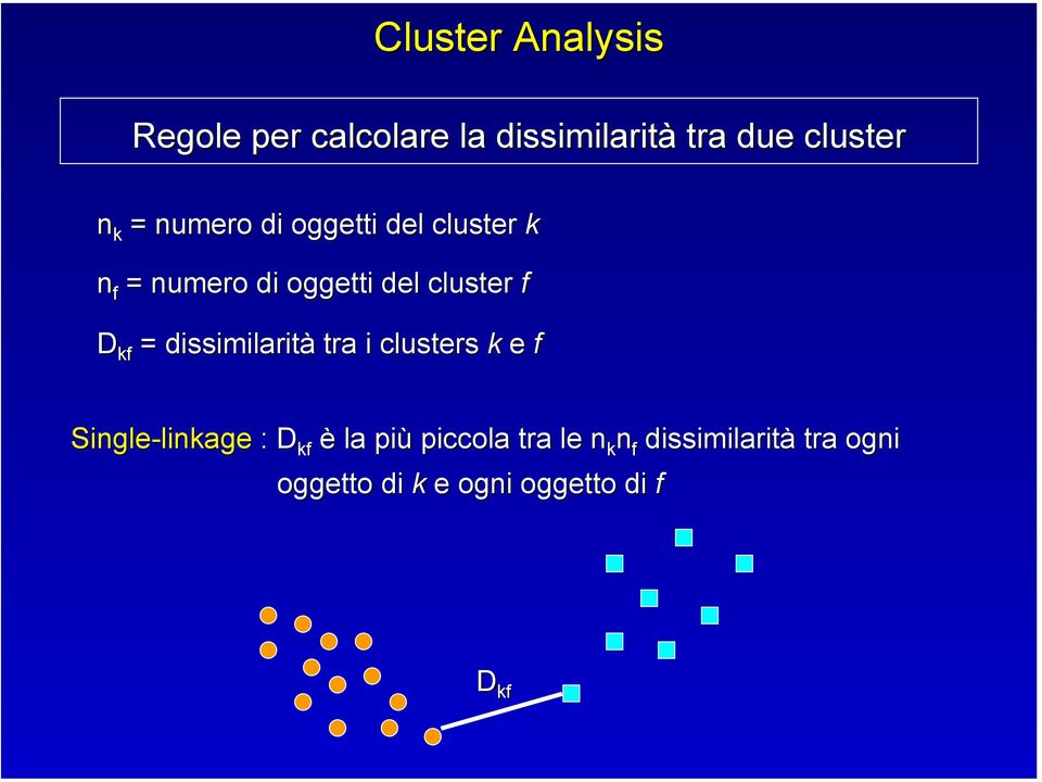 dissimilarità tra i clusters k e f Single-linkage linkage : D kf è la più