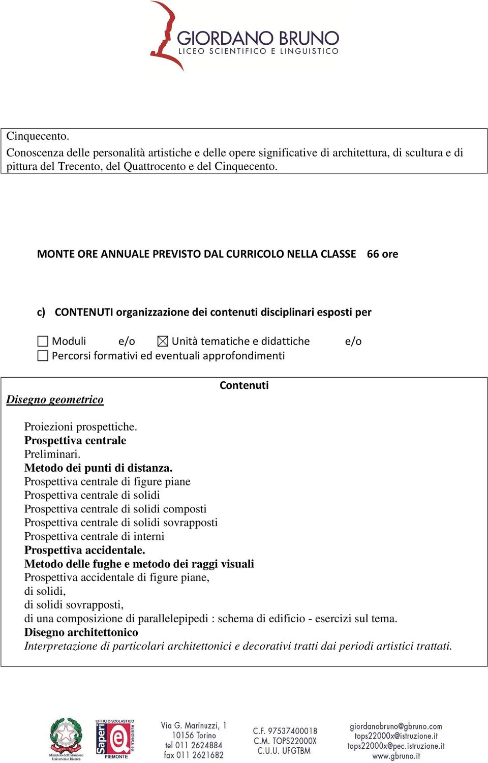 eventuali approfondimenti Disegno geometrico Contenuti Proiezioni prospettiche. Prospettiva centrale Preliminari. Metodo dei punti di distanza.