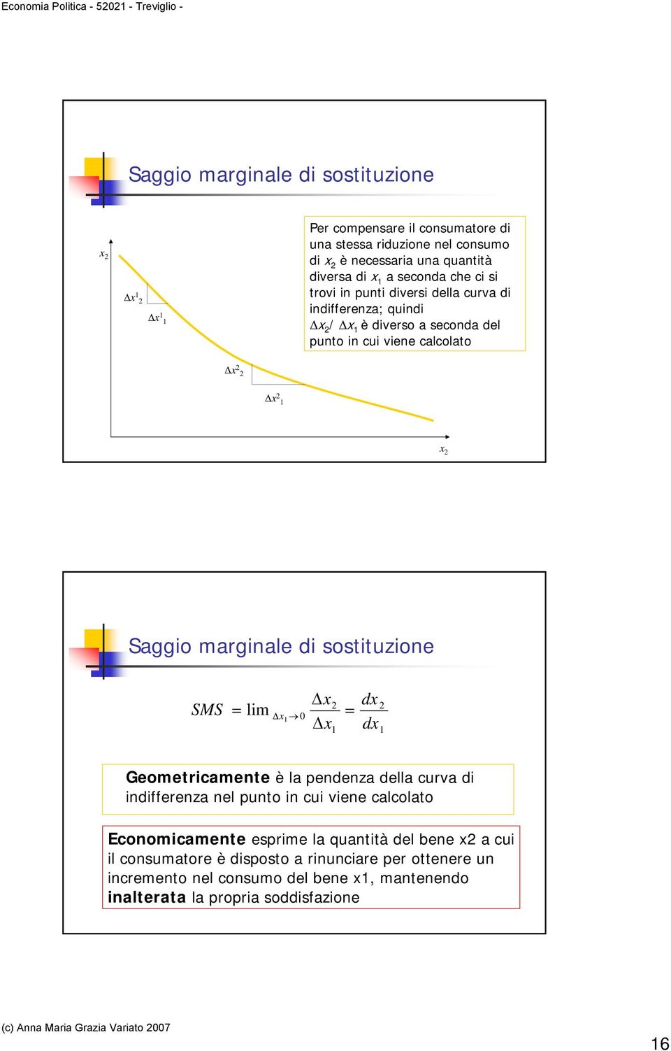 sostituzione Δx 2 SMS = lim Δ 0 = Δx1 dx dx 2 1 Geometricamente è la pendenza della curva di indifferenza nel punto in cui viene calcolato Economicamente esprime