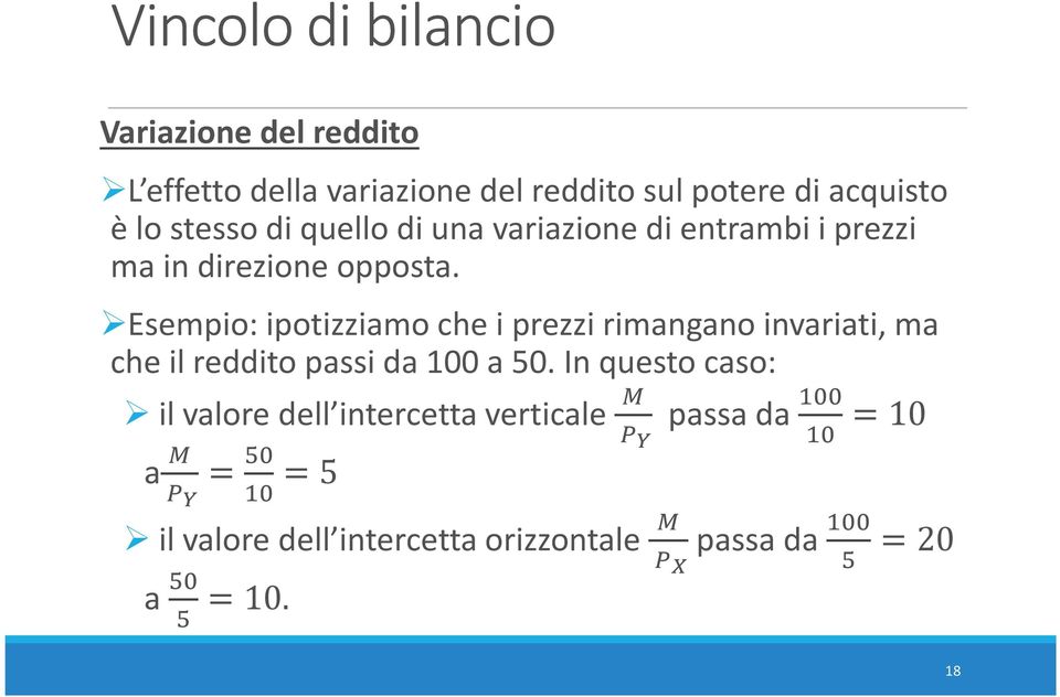 Esempio: ipotizziamo che i prezzi rimangano invariati, ma che il reddito passi da 100 a 50.