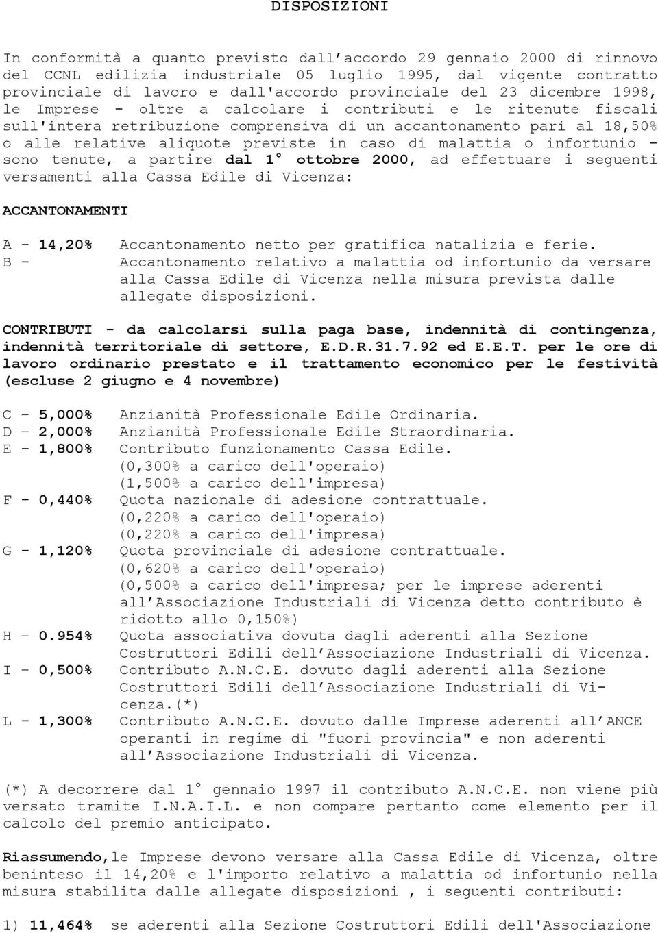 previste in caso di malattia o infortunio - sono tenute, a partire dal 1 ottobre 2000, ad effettuare i seguenti versamenti alla Cassa Edile di Vicenza: ACCANTONAMENTI A - 14,20% B - Accantonamento