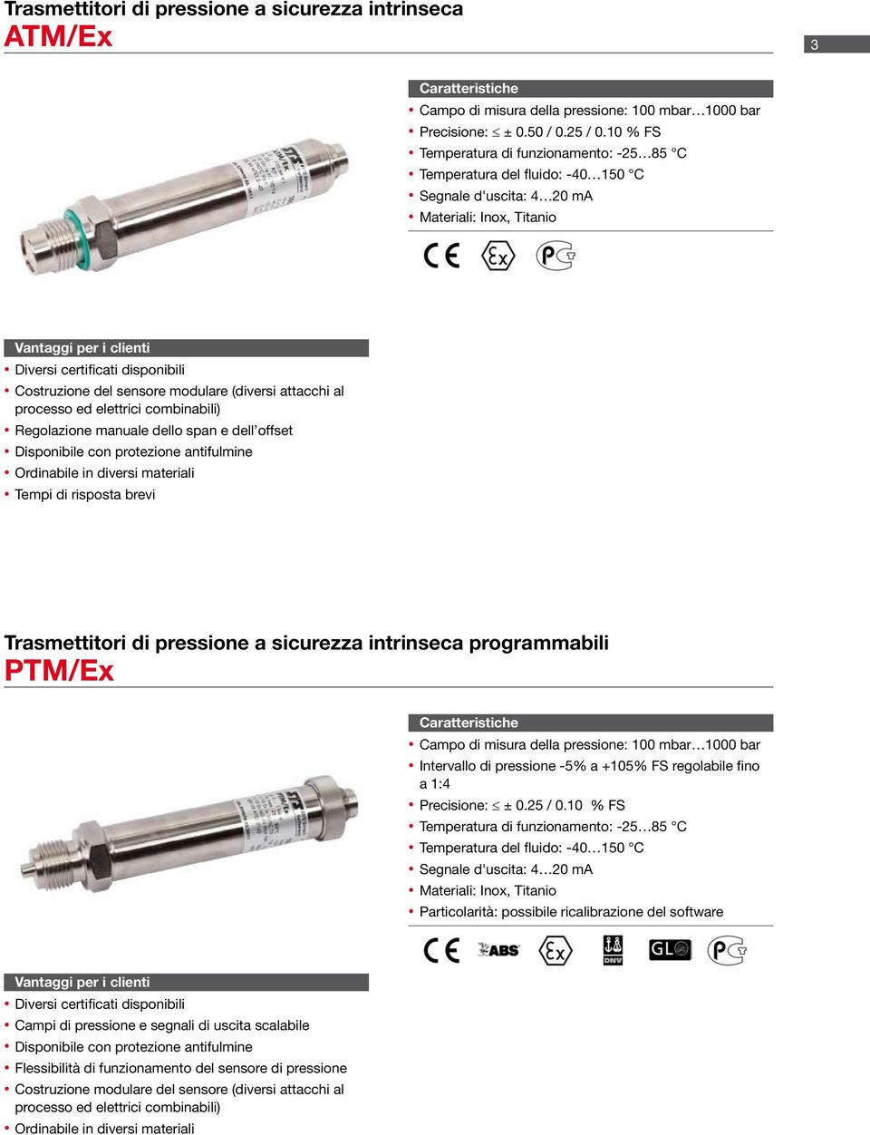 Tempi di risposta brevi Trasmettitori di pressione a sicurezza intrinseca programmabili PTM/Ex Intervallo di pressione -5% a +105% FS regolabile fino a 1:4 Precisione: ± 0.25 / 0.