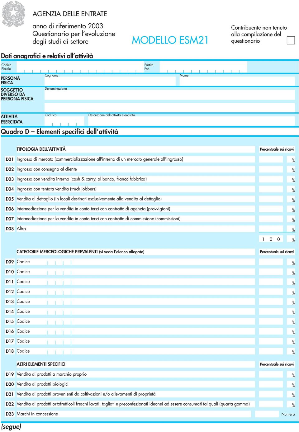 Elementi specifici dell attività TIPOLOGIA DELL ATTIVITÅ D01 Ingrosso di mercato (commercializzazione all'interno di un mercato generale all'ingrosso) D02 Ingrosso con consegna al cliente D03