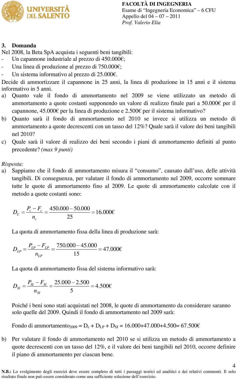 a) Quano vale il fondo di ammorameno nel 2009 se viene uilizzao un meodo di ammorameno a quoe cosani supponendo un valore di realizzo finale pari a 50.000 per il capannone, 45.