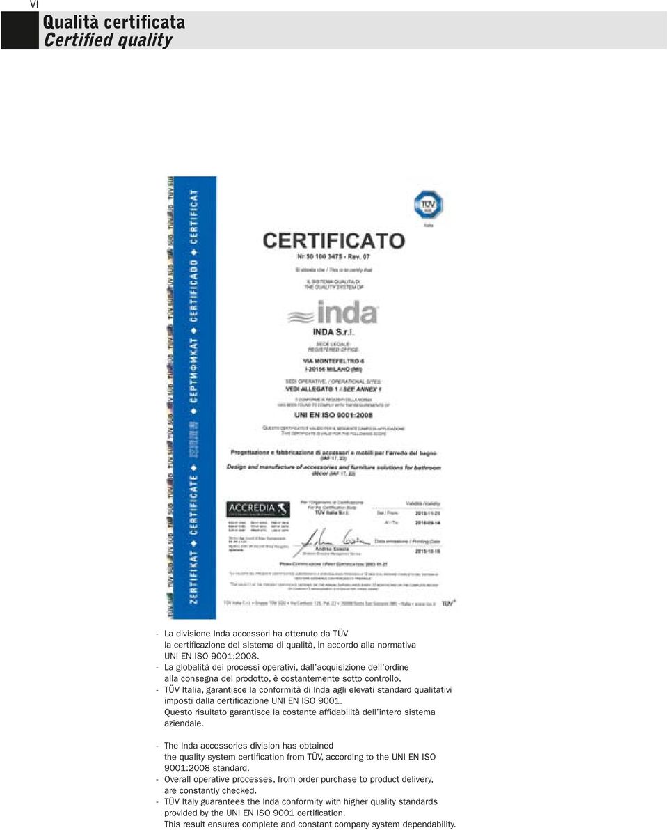 - TÜV Italia, garantisce la conformità di Inda agli elevati standard qualitativi imposti dalla certifi cazione UNI EN ISO 9001.
