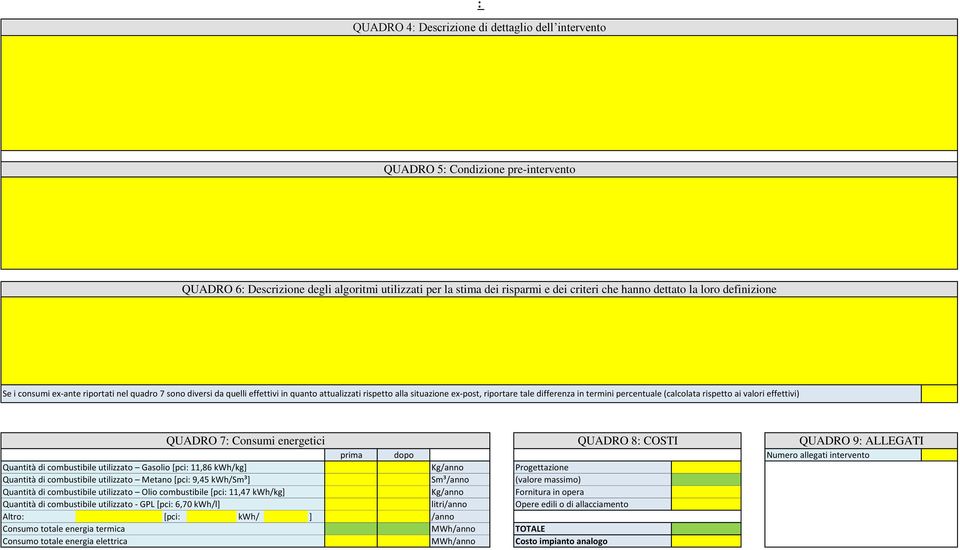 (calcolata rispetto ai valori effettivi) QUADRO 7: Consumi energetici QUADRO 8: COSTI QUADRO 9: ALLEGATI prima dopo Numero allegati intervento Quantità di combustibile utilizzato Gasolio [pci: 11,86
