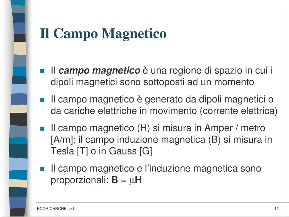 elettrica) Il campo magnetico (H) si misura in Amper / metro [A/m]; il campo induzione magnetica (B) si misura