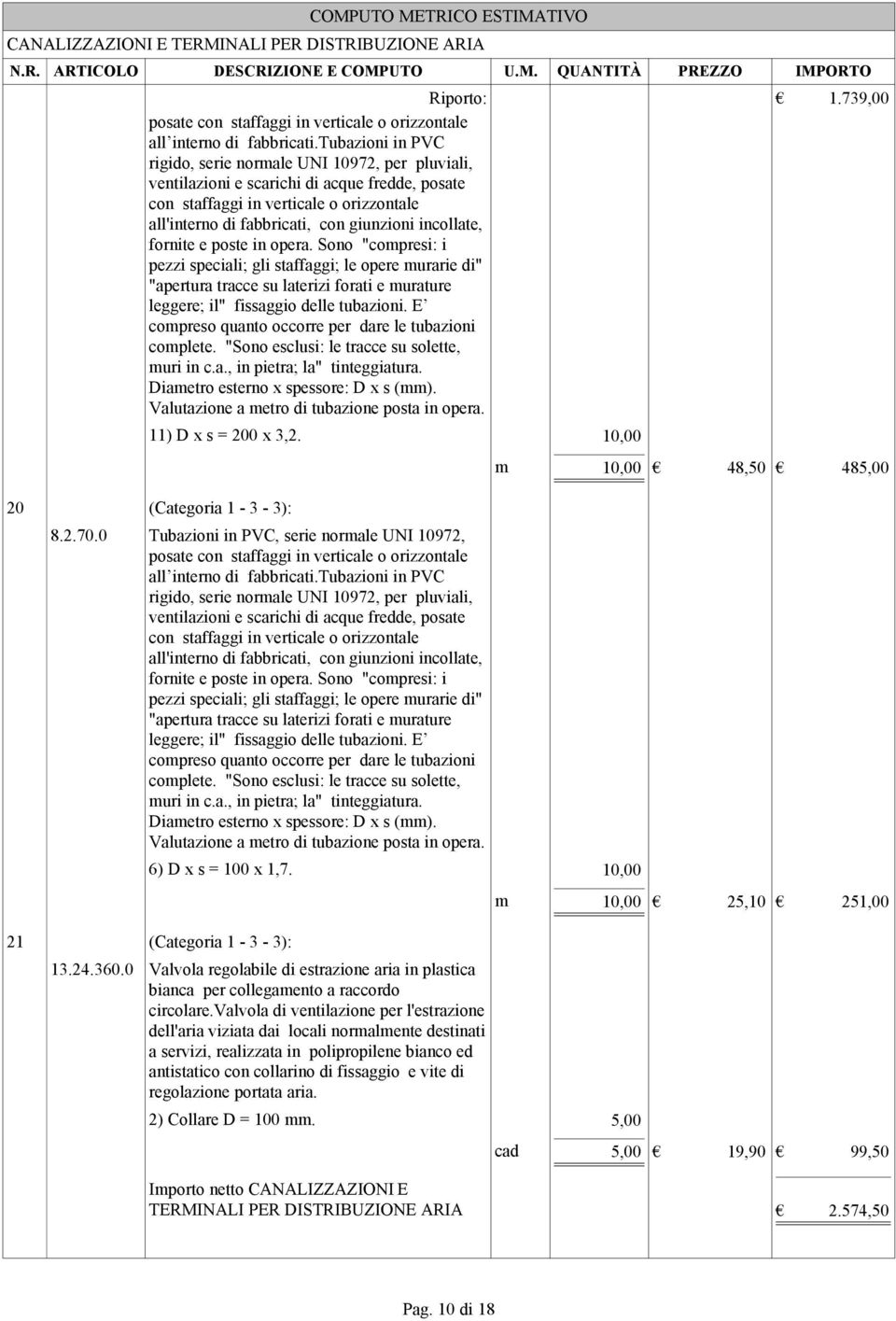 incollate, fornite e poste in opera. Sono "compresi: i pezzi speciali; gli staffaggi; le opere murarie di" "apertura tracce su laterizi forati e murature leggere; il" fissaggio delle tubazioni.