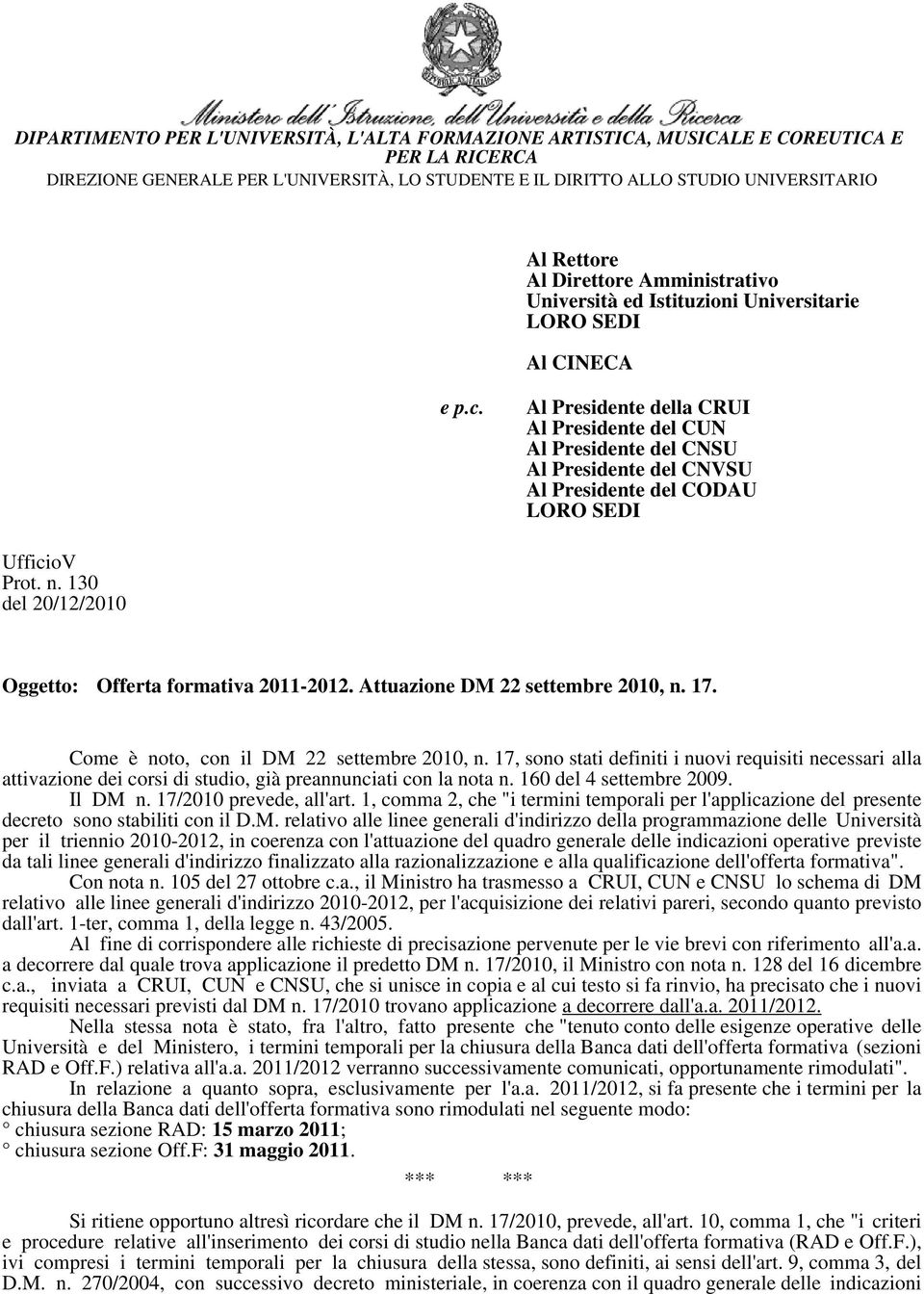 Al Presidente della CRUI Al Presidente del CUN Al Presidente del CNSU Al Presidente del CNVSU Al Presidente del CODAU LORO SEDI UfficioV Prot. n.