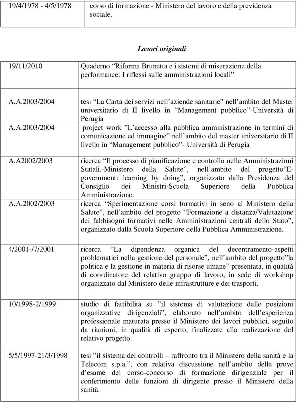 A.2003/2004 A.A.2003/2004 A.A2002/2003 A.A.2002/2003 tesi La Carta dei servizi nell aziende sanitarie nell ambito del Master universitario di II livello in Management pubblico -Università di Perugia