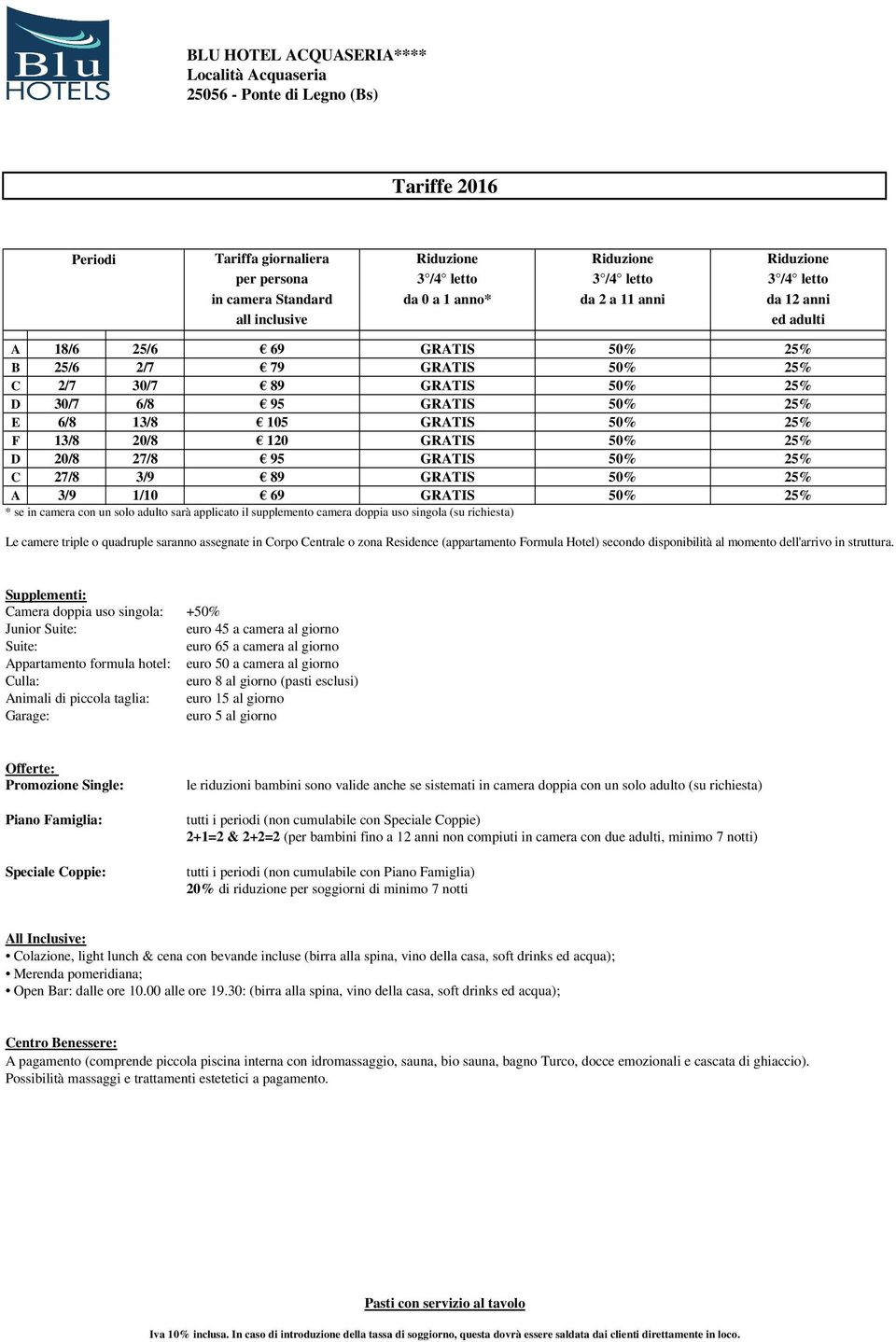 25% F 13/8 20/8 120 GRATIS 50% 25% D 20/8 27/8 95 GRATIS 50% 25% C 27/8 3/9 89 GRATIS 50% 25% A 3/9 1/10 69 GRATIS 50% 25% Le camere triple o quadruple saranno assegnate in Corpo Centrale o zona