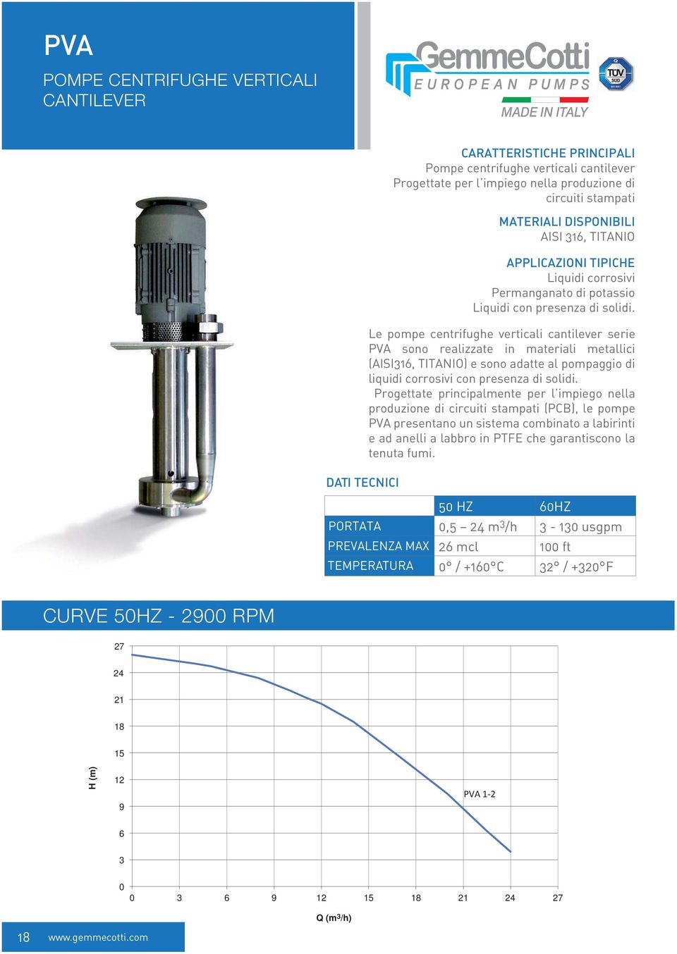 Le pompe centrifughe verticali cantilever serie PVA sono realizzate in materiali metallici (AISI316, TITANIO) e sono adatte al pompaggio di liquidi corrosivi con presenza di solidi.