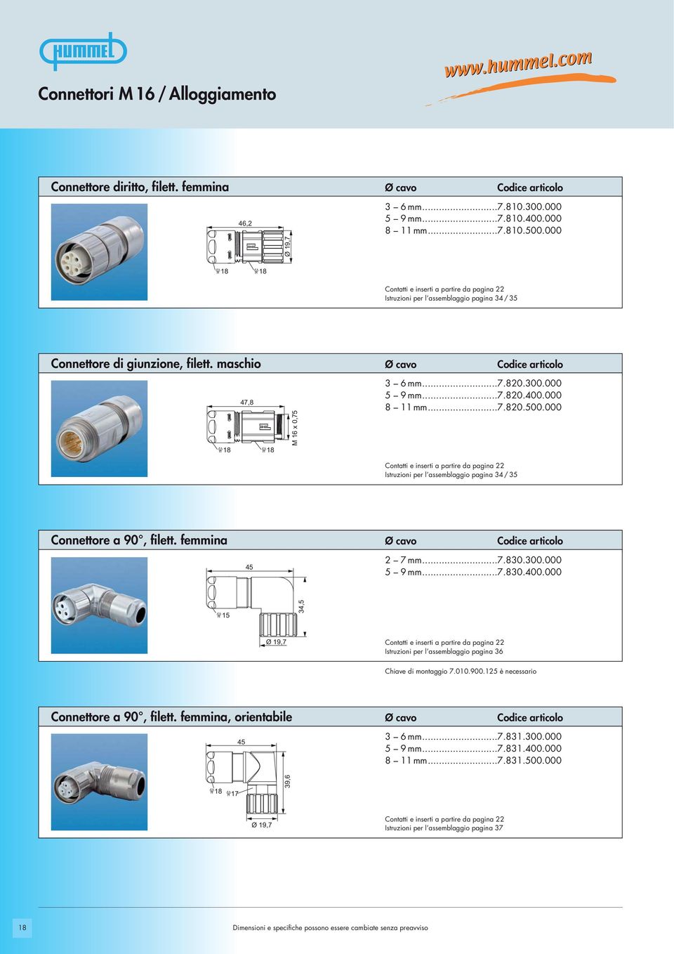 000 8 11 mm...7.820.500.000 Contatti e inserti a partire da pagina 22 Istruzioni per l assemblaggio pagina 34 / 35 Connettore a 90, filett. femmina Ø cavo 45 2 7 mm...7.830.300.000 5 9 mm...7.830.400.