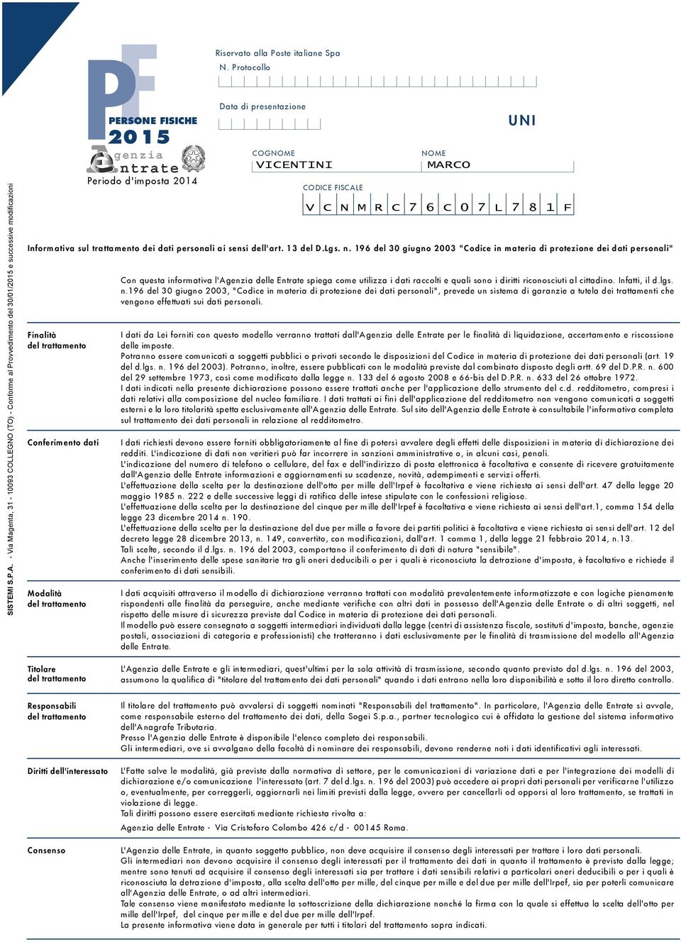 Informativa sul trattamento dei dati personali ai sensi dell'art. del D.Lgs. n.