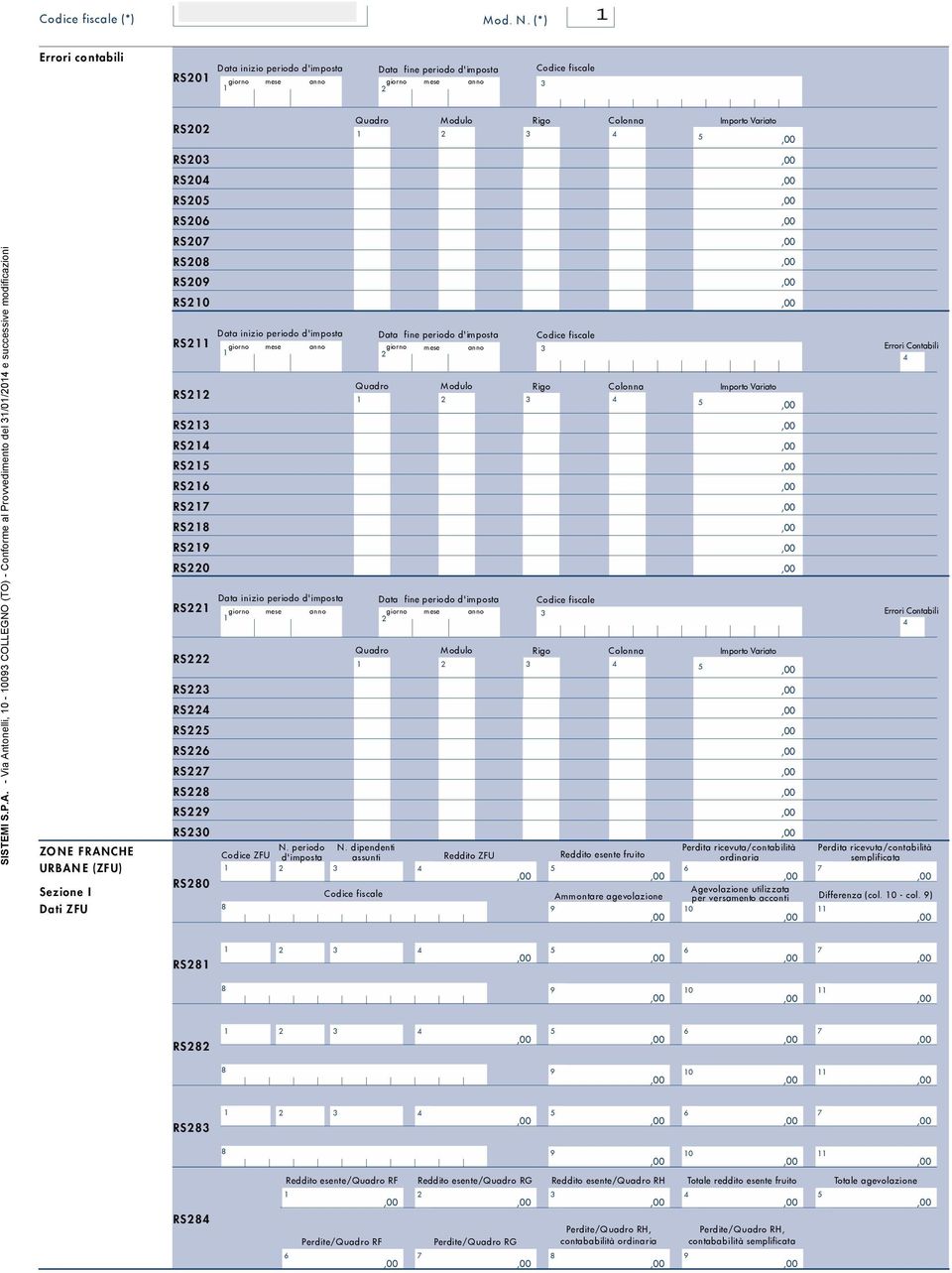 Antonelli, 0-00 COLLEGNO (TO) - Conforme al Provvedimento del /0/0 e successive modificazioni ZONE FRANCHE URBANE (ZFU) Sezione I Dati ZFU RS0 RS0 RS0 RS0 RS RS RS RS RS RS RS RS RS RS0 RS RS RS RS