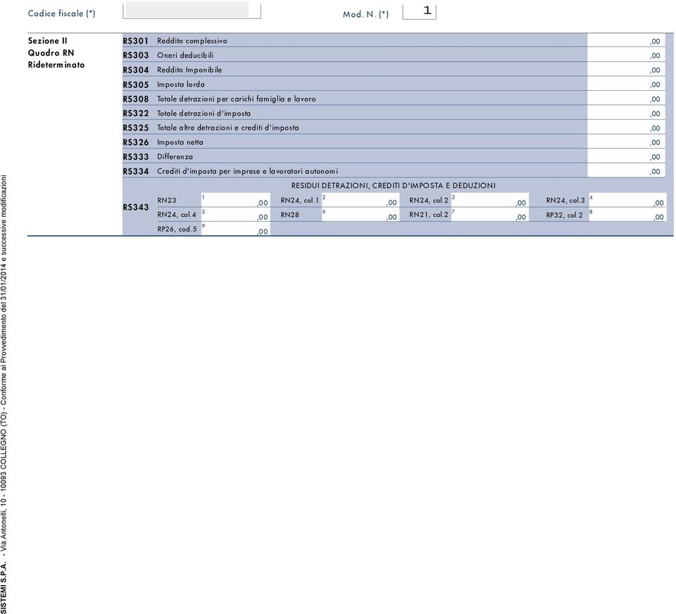per carichi famiglia e lavoro RS Totale detrazioni d'imposta RS Totale altre detrazioni e crediti d'imposta RS Imposta netta RS Differenza - Via