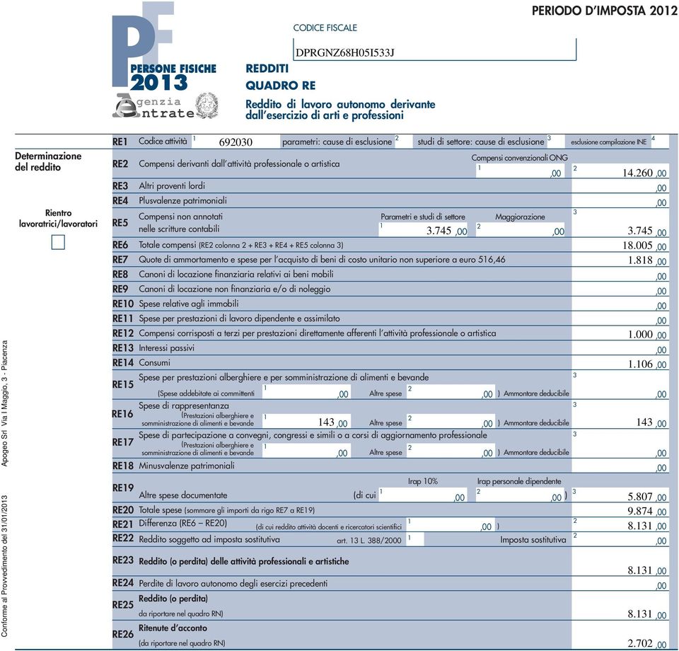 cui ).0 RE0 Totale spese (sommare gli importi da rigo RE a RE). RE Differenza (RE RE0) (di cui reddito attività docenti e ricercatori scientifici ). RE Reddito soggetto ad imposta sostitutiva art. L.