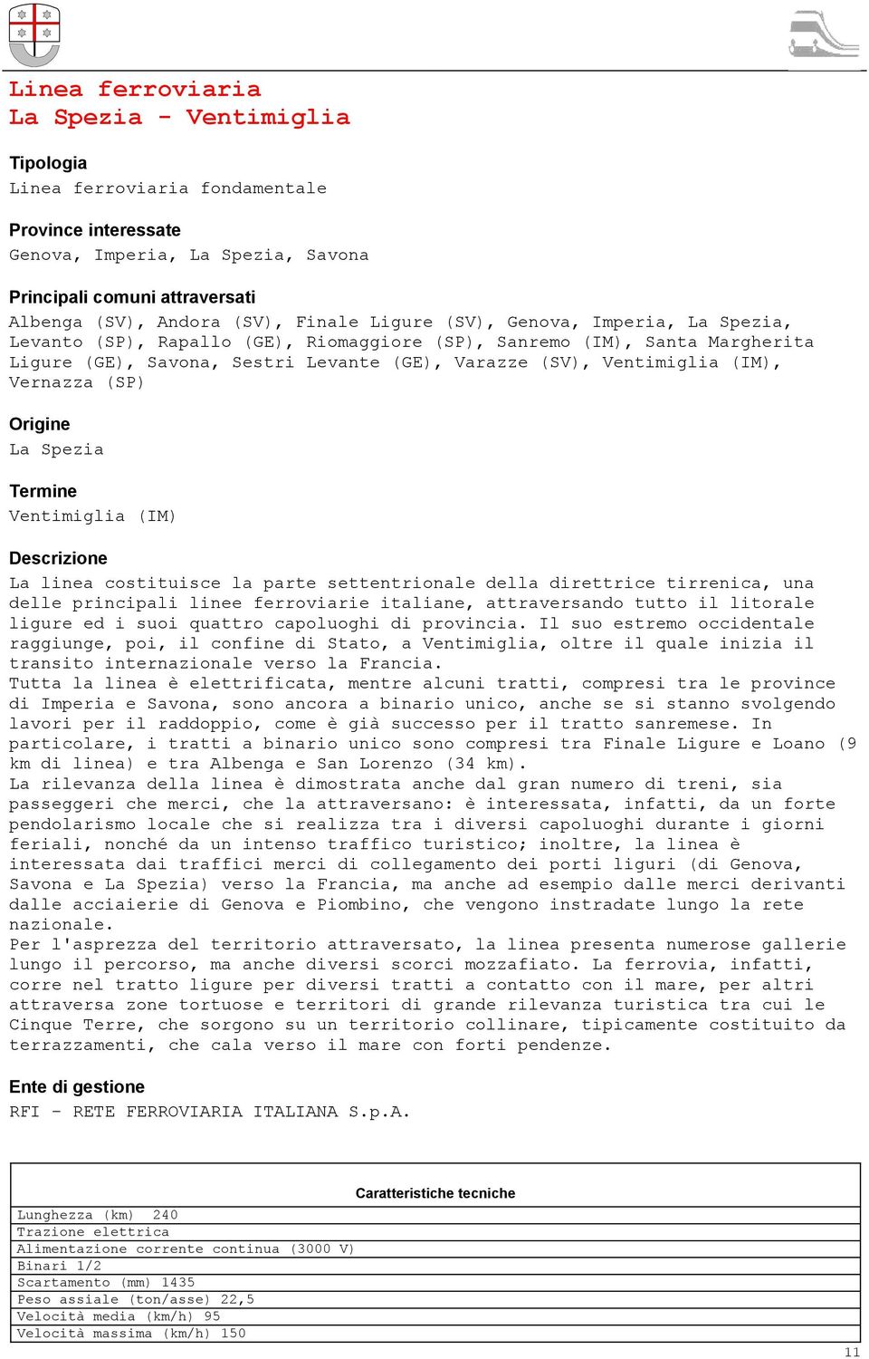 Vernazza (SP) Origine La Spezia Termine Ventimiglia (IM) Descrizione La linea costituisce la parte settentrionale della direttrice tirrenica, una delle principali linee ferroviarie italiane,