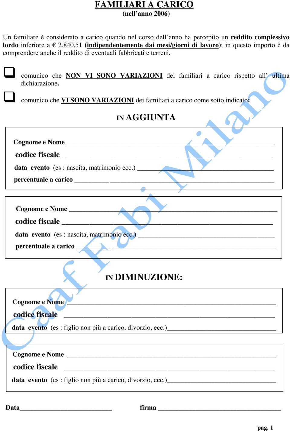 comunico che NON VI SONO VARIAZIONI dei familiari a carico rispetto all ultima dichiarazione.