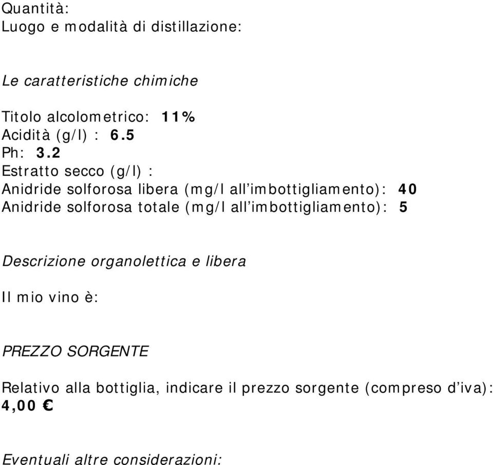 2 Estratto secco (g/l) : Anidride solforosa libera (mg/l all imbottigliamento): 40 Anidride solforosa totale