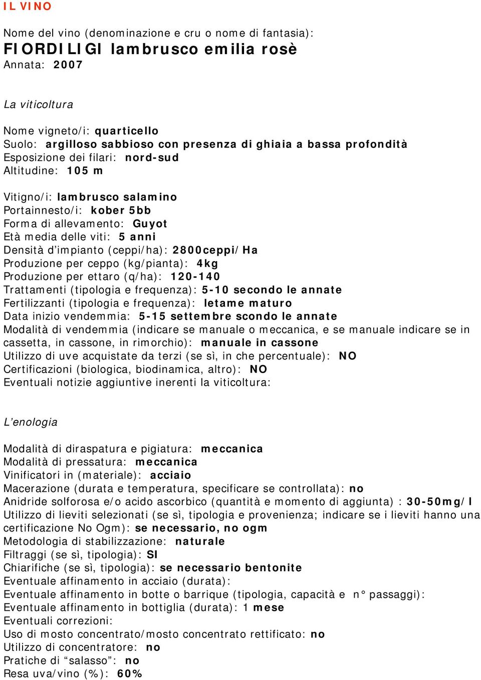 impianto (ceppi/ha): 2800ceppi/Ha Produzione per ceppo (kg/pianta): 4kg Produzione per ettaro (q/ha): 120-140 Trattamenti (tipologia e frequenza): 5-10 secondo le annate Fertilizzanti (tipologia e