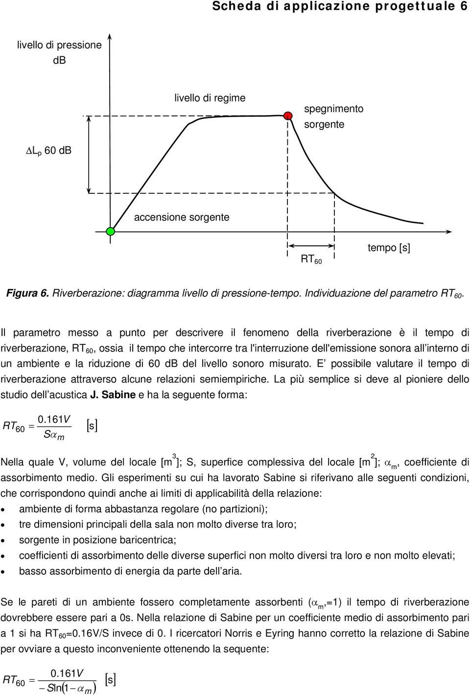 Il parametro messo a punto per descrivere il fenomeno della riverberazione è il tempo di riverberazione, RT 60, ossia il tempo che intercorre tra l'interruzione dell'emissione sonora all interno di